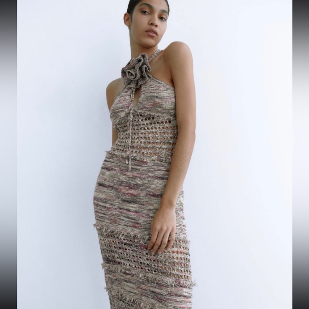 Zara multi colored frayed knit rosette dress SS23 NWT